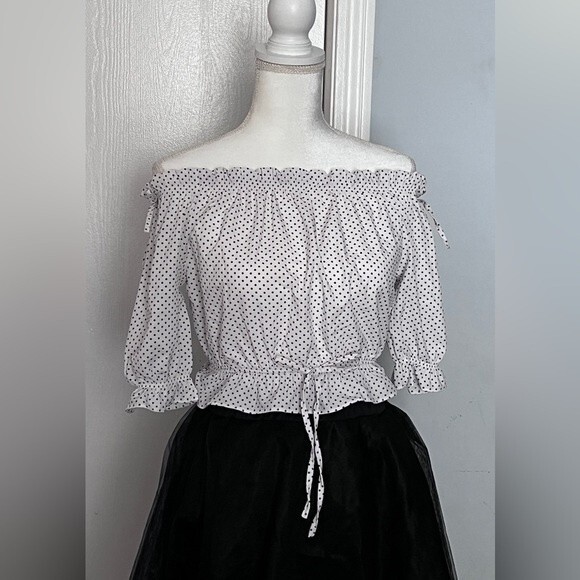 Off The Shoulder Polka dots Blouse Puffed Sleeves - Picture 1 of 11